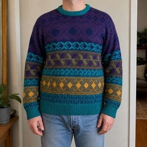 Expressions‎ International Mens L Purple Teal Geometric Fair Isle Sweater (2362)